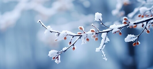 Snow covered tree branch with red fruits in forest on blurred background