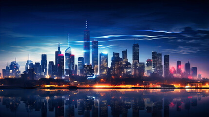 Fototapeta na wymiar Urban skyline at twilight, City's silhouette, Transition from day to night with illuminated windows