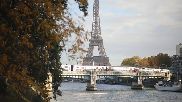 Scenic view to the Eiffel tower over the river Seine on a nice autumn day in Paris