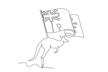 A kangaroo and the flag of Australia. Australia day one-line drawing