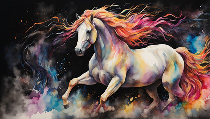 Obraz na płótnie Canvas A majestic horse gallops through a vibrant rainbow of colors - AI Generative