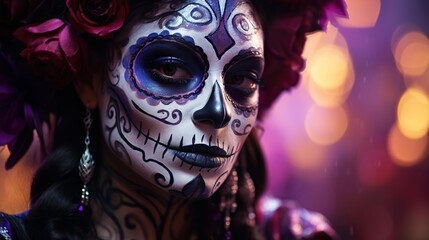 photo dia de los muertos portrait of a young woman with sugar skull makeup Portrait of Calavera Catrina Halloween costume Generative AI 