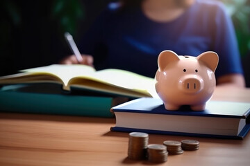 Planning financial provision, piggy bank with books and coins