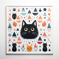 Cute black cat with abstract geometric pattern on the white background.