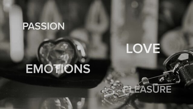 Sexual and erotic goods for pleasure lie on the shelves of a sex shop, passion, for adult, love