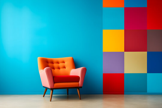Orange armchair on colorful wall background electric retro interior