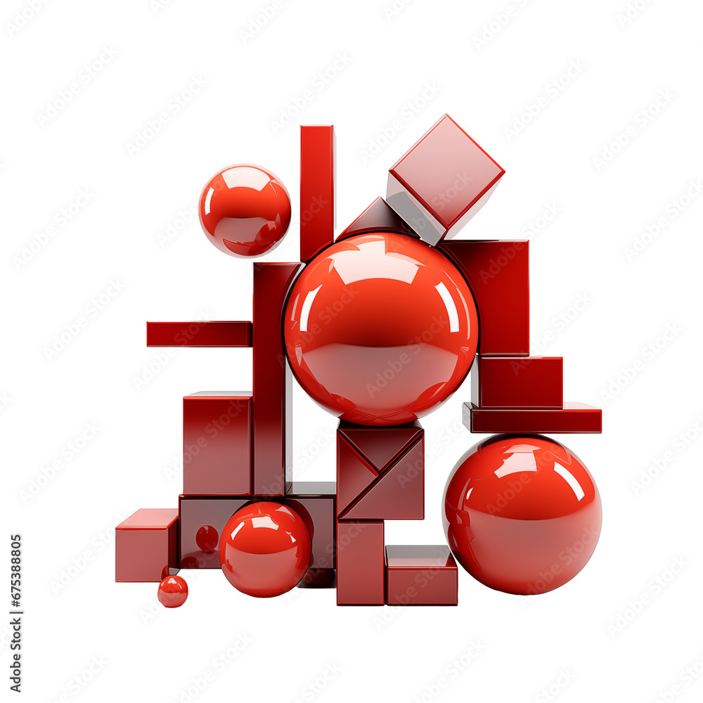 Poster red geometric compositions, 3d render, isolated on transparent background. generative ai