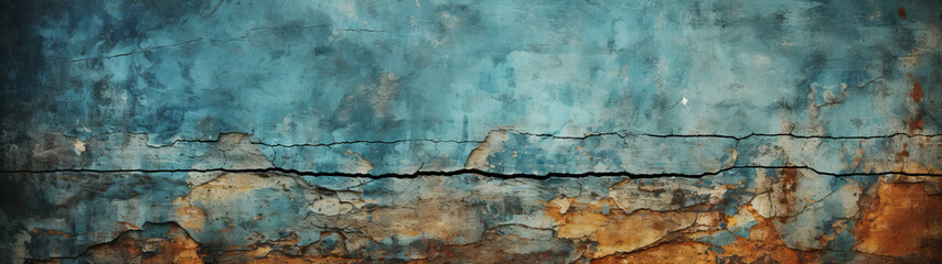 A vibrant and chaotic display of rusted turquoise cracks, embodying the abstract beauty and impermanence of time and nature, background, texture, banner