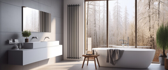 A modern heating system in a bright bathroom. the heading system is in foreground 