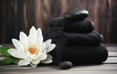 Fototapeta na wymiar water lillies lotus flowers with stack towels and black spa stones on wooden background