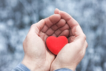 Fototapeta premium A In the hands of the heart in winter on the road in the park travel background