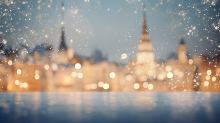 Blurred street, festive night, evening city with snowfall and Christmas lights. Christmas defocused background.