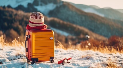 Yellow travel suitcase, winter vacation. AI Generated.