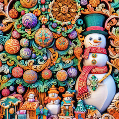 fantasy illustration of merry Christmas background with Santa Claus, snowman and Christmas tree