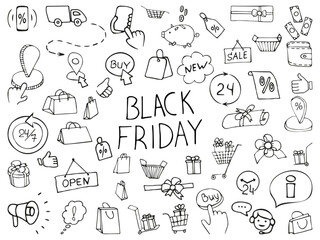 Icon set of Black Friday hand drawn vector doodles in line style. Set of gift boxes, bows, ribbons, shopping bags, label icons, sale tags, shopping carts  in sketch style.