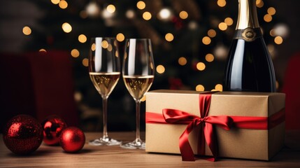 Bottle of wine white, red wine on the table with two shot glasses, gifts, boxes with red ribbon . The concept of a Merry Christmas