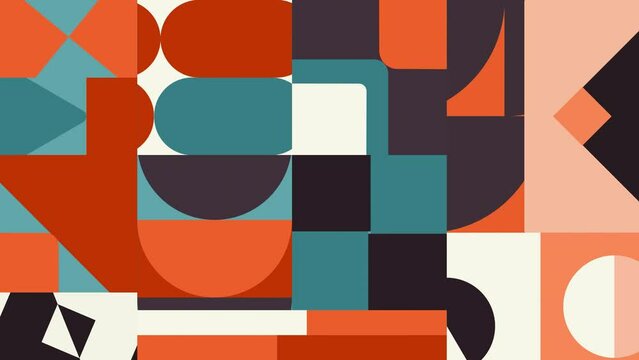 Geometric patterns background loop, animated circles and squares, a modernist abstract background, and a Bauhaus Design style with the colors green, orange, and yellow.
