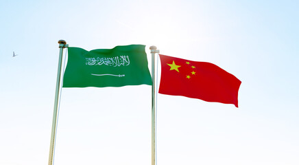 Saudi Arabia and China flags waving together on blue sky. 