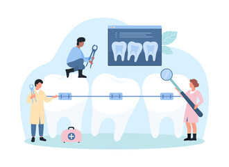 Teeth correction with braces, orthodontics and stomatology vector illustration. Cartoon tiny people with magnifying glass and dental equipment check human tooth with metal brace retainer on wire - obrazy, fototapety, plakaty