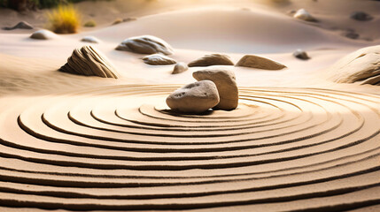 Japanese Zen garden, Raked sand and rocks, Meditation and harmony with tranquil patterns, - obrazy, fototapety, plakaty