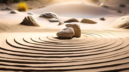 Foto op Plexiglas Japanese Zen garden, Raked sand and rocks, Meditation and harmony with tranquil patterns, © MDRAKIBUL