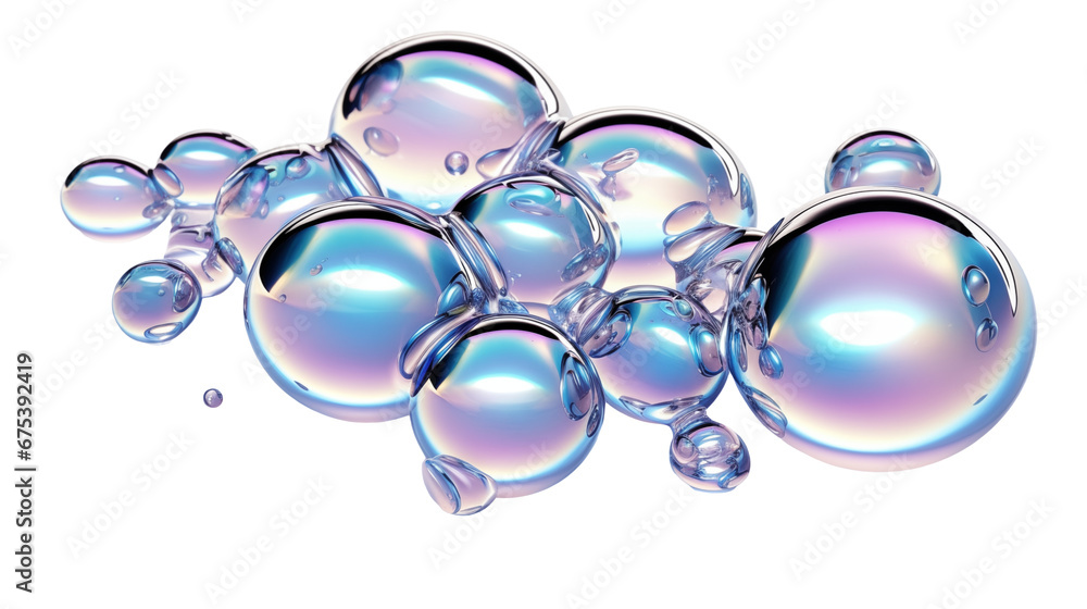 Poster holographic liquid bubbles, 3d render glossy shape isolated on transparent background. generative ai