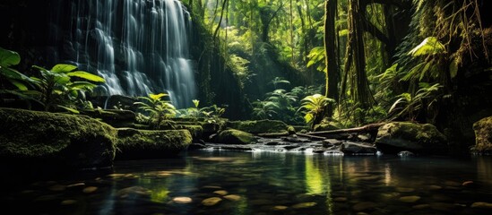 In the lush rainforests of Borneo a majestic waterfall cascades down against the backdrop of verdant trees and vibrant orange plants creating a breathtaking landscape that epitomizes the bea - obrazy, fototapety, plakaty