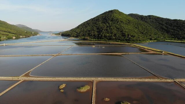 Ston saltworks in Peljesac peninsula, Croatia. Drone point of view.