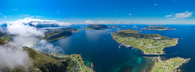 Aerial view of Dynamic fjord landscape in Norway with bridges connecting Islands in the Ocean    - obrazy, fototapety, plakaty