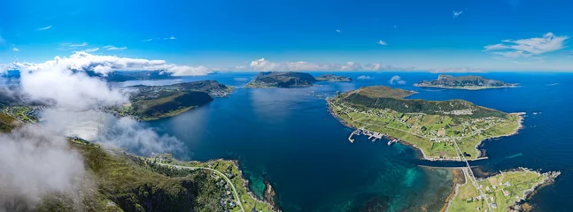 Crédence de cuisine en verre imprimé Atlantic Ocean Road Aerial view of Dynamic fjord landscape in Norway with bridges connecting Islands in the Ocean   