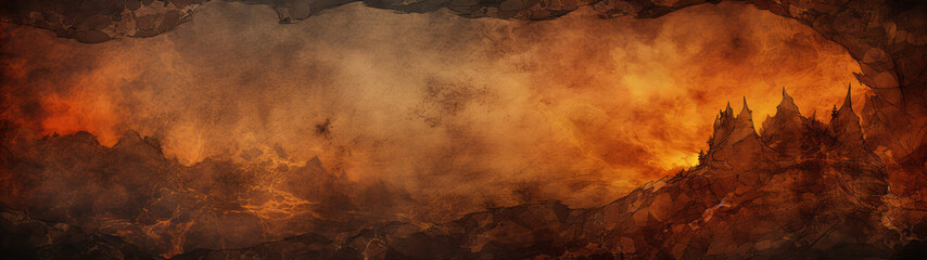 Nature's fiery breath ignites a cave of smoke and heat, a wild wildfire blazing through the mountainous outdoor landscape like a raging volcano in a brown and orange frame, texture, banner, backgroun - obrazy, fototapety, plakaty