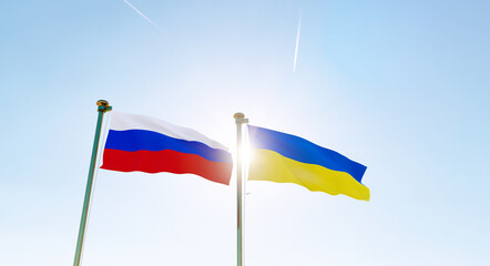 Ukraine and Russia flags waving against a blue sky. 4K ULTRA HD. 