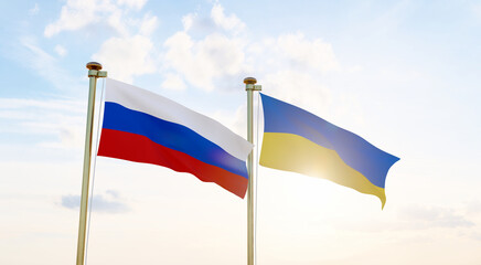 Ukraine and Russia flags waving against a blue sky. 4K ULTRA HD. 