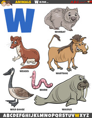 cartoon animal characters for letter W educational set