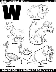 cartoon animal characters for letter W set coloring page