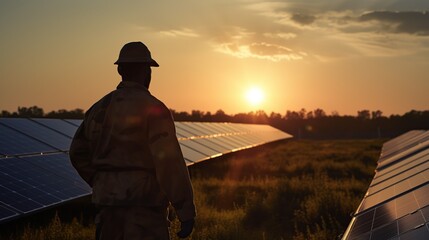 Solar power engineer installing solar panels, on the roof, electrical technician at work. New technologies and solar panels. The supervisor is checking on solar panels 