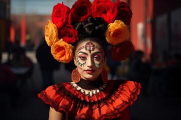 Portrait of woman with traditional la muerte makeup Mexican festival Dia de los Muertos day of dead celebration 