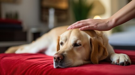 Dog Massage Therapy Techniques. Relaxed dog laying on massage table. Calming dog gets treatment. How to Massage Dog for Relaxation, Mobility, Longevity - obrazy, fototapety, plakaty