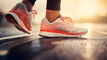 Athlete female runner feet running on road closeup on shoe. Young woman fitness sunrise jog workout...