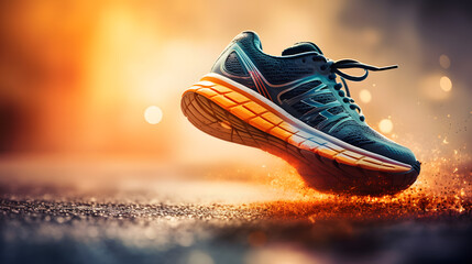 Running sports shoe with flying laces fall on the road, sneakers on a sunny day - obrazy, fototapety, plakaty