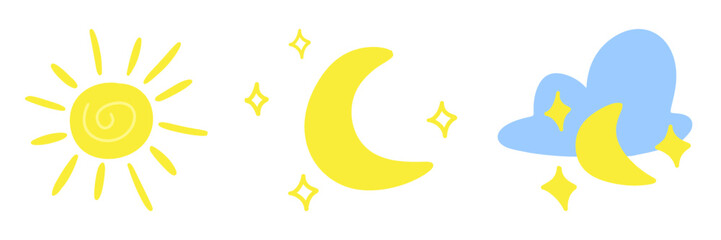 Cartoon illustration of sun, moon, stars and clouds. Different weather concept.