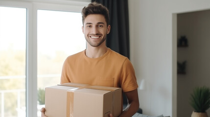 Happy deliveryman carrying a delivery box that has been packaged for shipping on beige background. Copy space. Handsome man moving in and holding carton box. Shipping, online order. Porter - obrazy, fototapety, plakaty