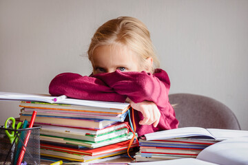 Stressed Pupil, Angry Tired Worried Schoolchild Needs Help with Difficult Homework, Learning...