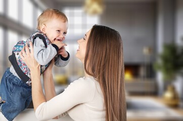 Happy young mother and child at home, AI generated image