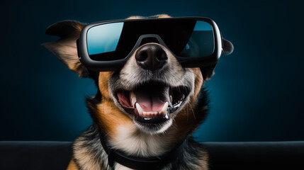 Headshot portrait photo of adorable dog wearing VR goggles watching movie. Animal character technology concept.