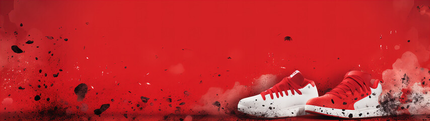 Amidst a chaotic canvas of carmine and abstract art, a white shoe with red laces emerges, stained with the remnants of a wild night, leaving traces of blood and debris in its wake