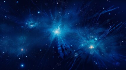 an electric blue fireworks bursting in star shapes against a deep indigo backdrop, creating a cosmic spectacle reminiscent of a distant galaxy.