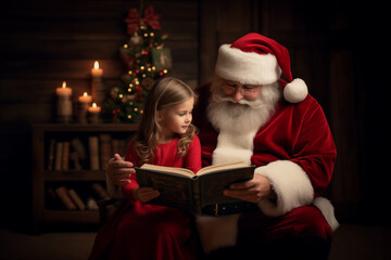 Fototapeta na wymiar Merry Christmas and Happy New Year! Handsome man is sitting in chair with his little cute daughter in Santa Claus hats and reading book at home.