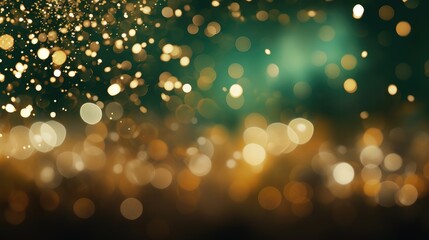 Abstract green and gold glitter particles and light bokeh background.
