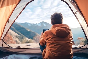 Male traveler camping on the mountain while playing on his phone